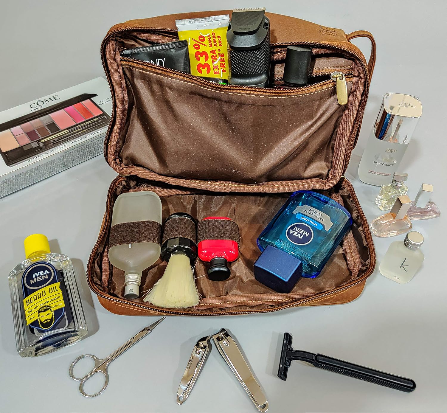 Genuine Leather Travel Toiletry Bag - Dopp Kit Organizer By Rustic Town (Brown)