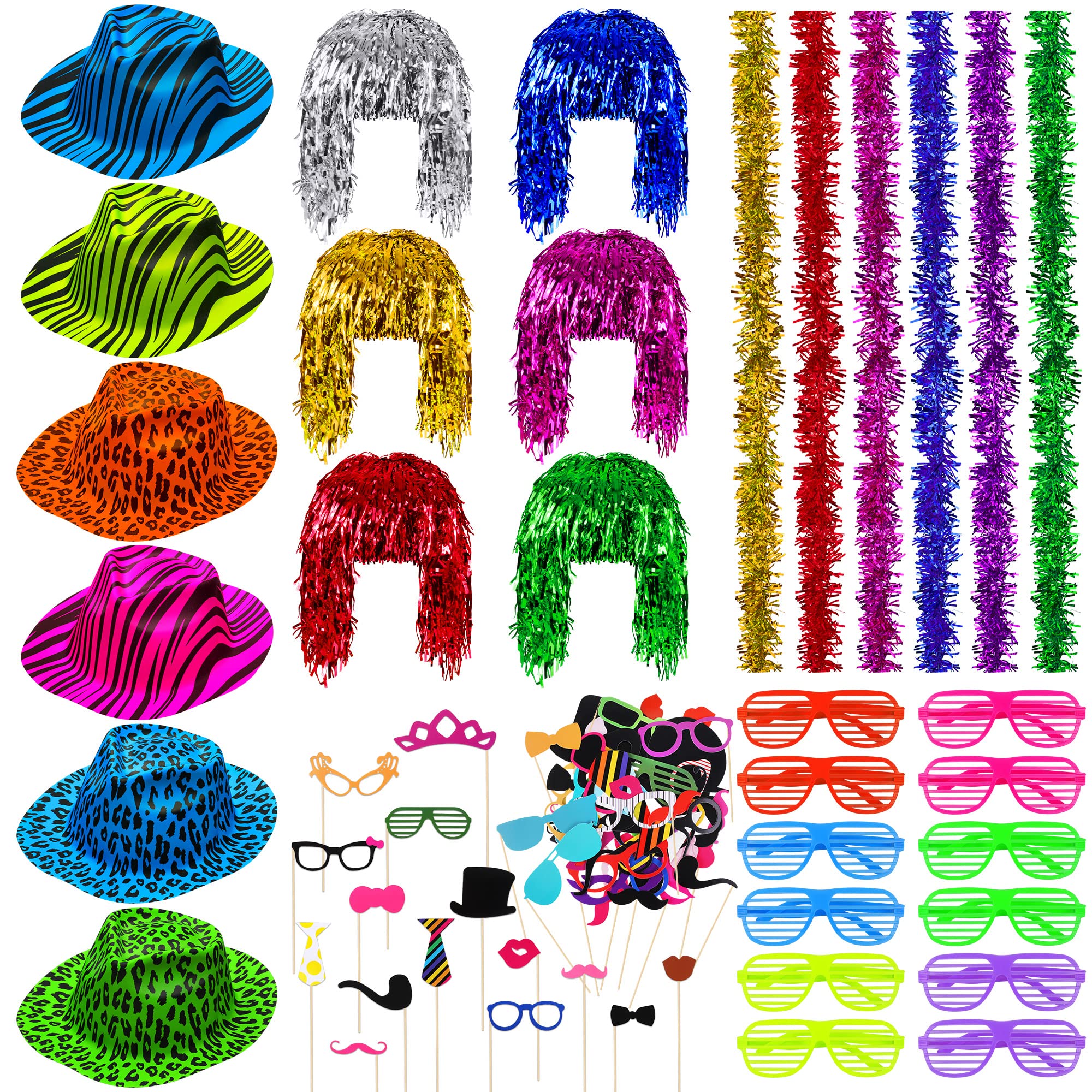 Aodaer 108-Piece Neon Party Set - Neon Hats, Metallic Foil Tinsel Wigs, Shutter Eyeglasses, Colorful Boa, Photo Booth Props for Adults