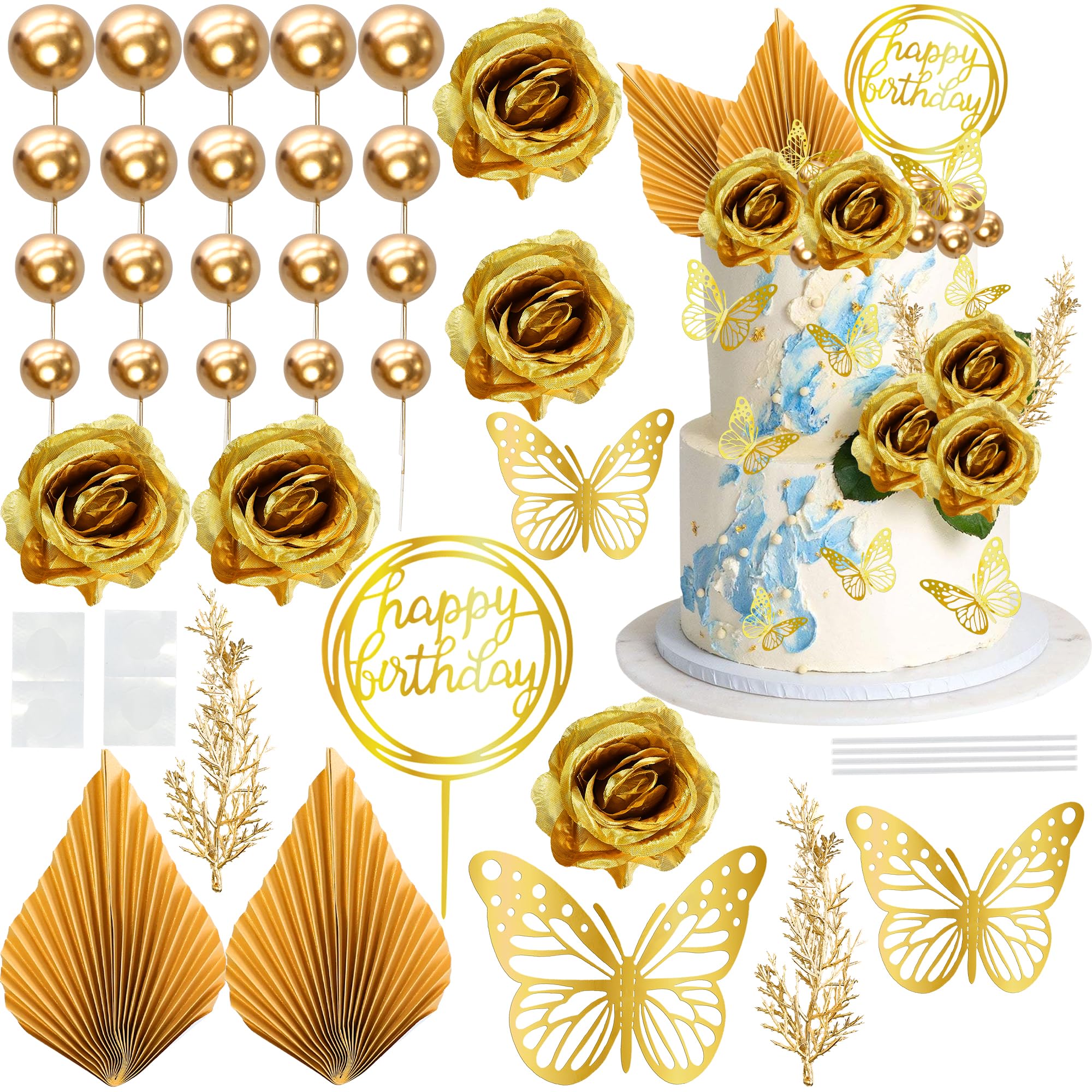 Ephlyn Happy Birthday Cake Topper Decorations Balloon Butterfly Artificial Flower Leaves Cake Picks for Golden Wedding Birthday Party Valentine's Day Party DIY Cake Decorations Supplies Gold