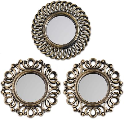 BONNYCO Wall Mirrors Pack of 3 Round Gold Hanging Wall Decor 9.84in