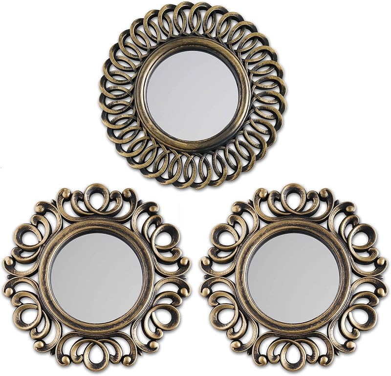 BONNYCO Wall Mirrors Pack of 3 Round Gold Hanging Wall Decor 9.84in