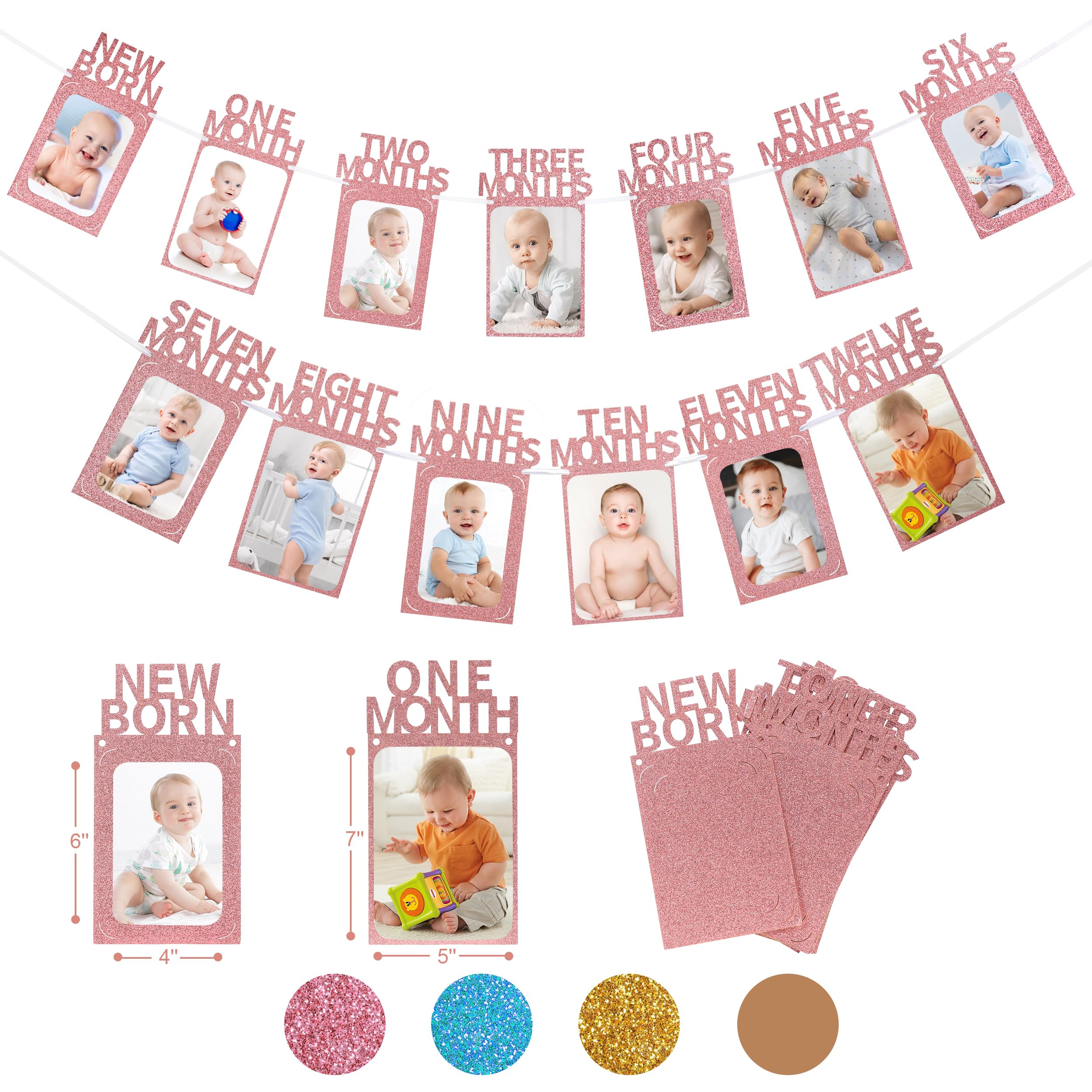 Crosize 4'' x 6'' or 5'' x 7'' 1st Birthday Photo Banner from Newborn to 12 Months, Boy or Girl Monthly Milestones Garland, One Year Old First Birthday Photo Banner Decorations with Frame (Bling Pink)