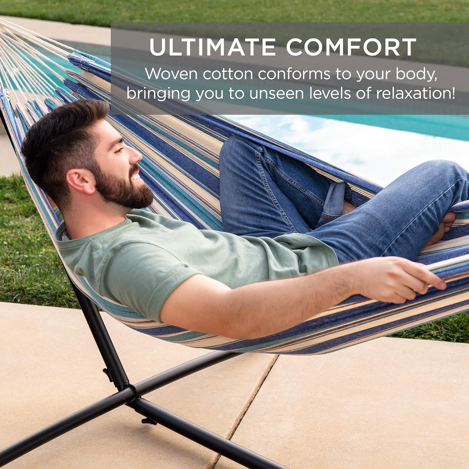 Best Choice Products 2-Person Indoor Outdoor Brazilian-Style Cotton Double Hammock Bed w/Carrying Bag, Steel Stand, Ocean : Garden & Outdoor