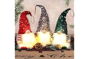 AMANDIR 3 Set Lighted Christmas Gnomes, Light Up Tomte Plush Elf with Handmade Sequins Hat, Gnome Christmas Tree Decorations Indoor Battery Operated Winter Tabletop for Christmas Holiday Present Home Decor