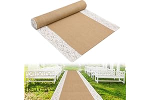 moonoom 20 Ft x 36 in Natural Burlap Wedding Aisle Runner, Rustic Jute Weddings Runway Carpet with Lace, Ceremony Burlap Carpet Roll for Beach Garden Church Reception Craft Decor