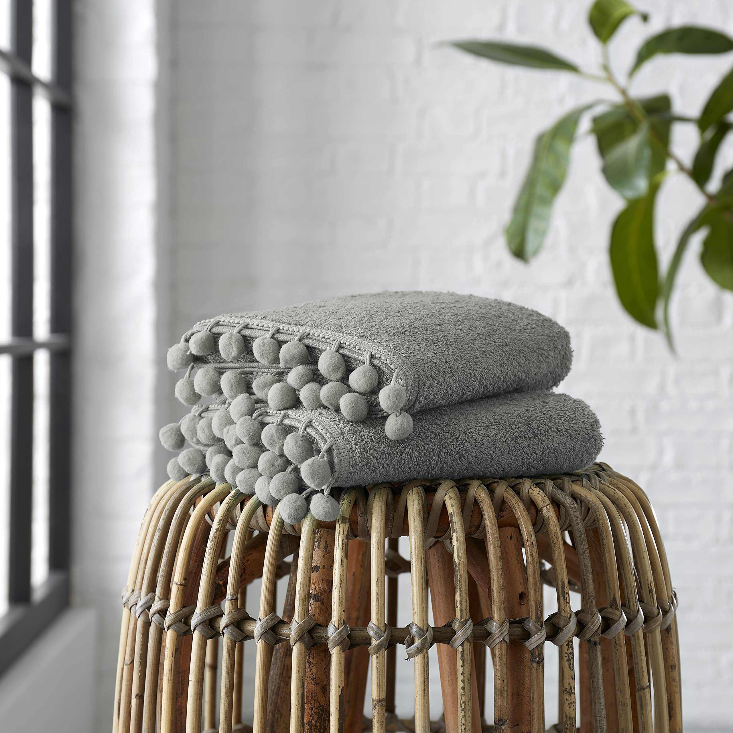 GC GAVENO CAVAILIA Luxury 2PK Pom Pure Cotton 550 GSM Ultra Soft Super Absorbent Bath Sheets, Egyptian, Grey, Pack of 2 Hand Towel