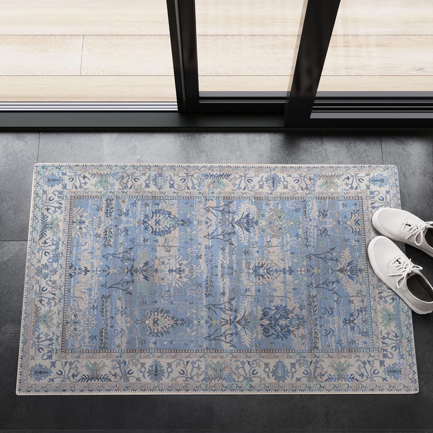 Rugs, Pads & Protectors - Adiva Rugs Machine Washable Area Rug with Non Slip Backing for Living Room, Bedroom, Bathroom, Kitchen, Printed Vintage Home Decor, Floor Decoration Carpet Mat (Blue, 2' x 3')