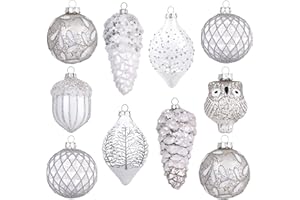 Valery Madelyn Glass Christmas Ornaments Set, 10ct White and Silver Hanging Ornaments for Christmas Trees, Mercury Winter Wonderland Forest Xmas Decorations Ball Ornaments Bulk for Holiday Decor