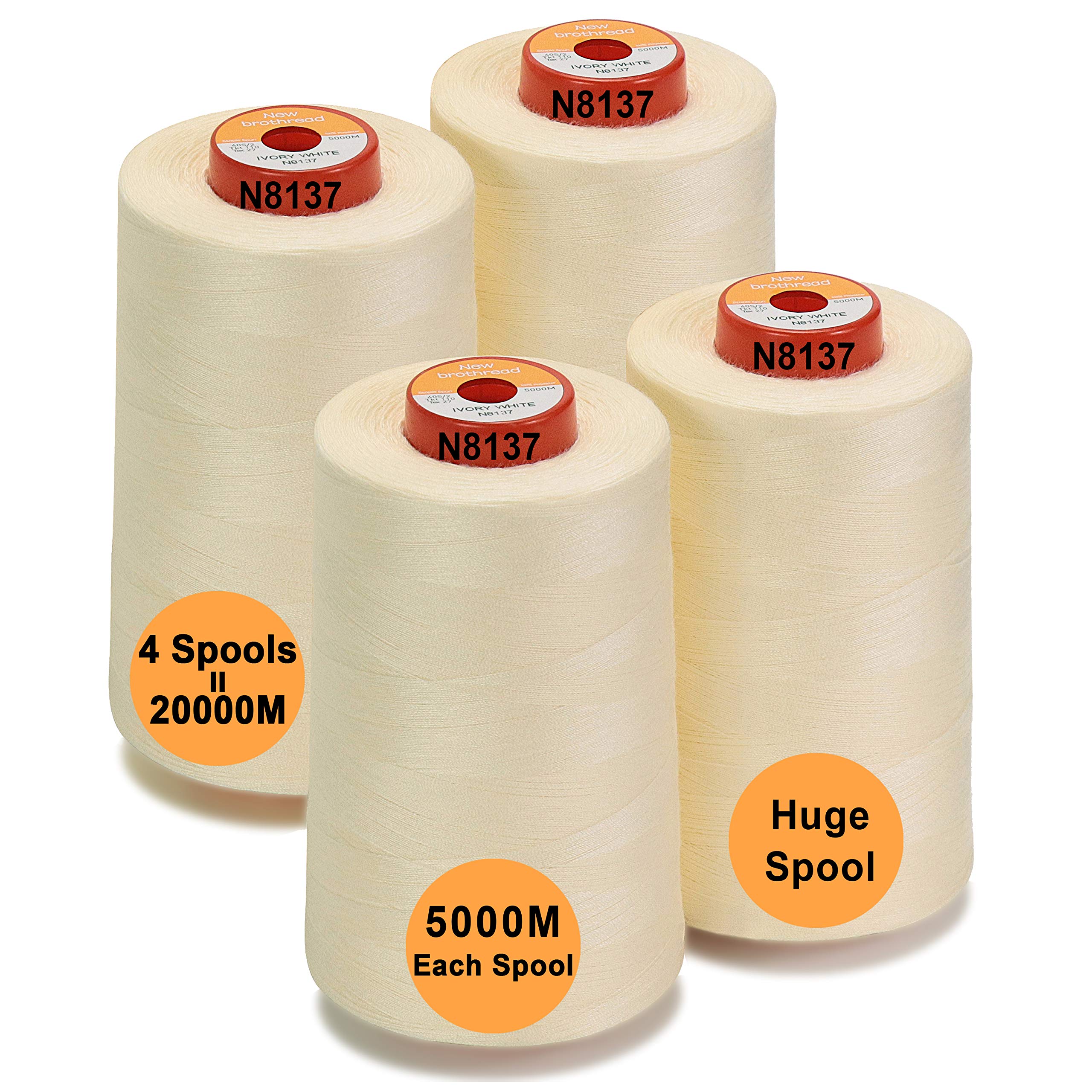 Photo 1 of New brothread - 30 Options - 4 Large Cones of 5500Y (5000M) Each All Purpose Spun Polyester Thread 40S/2 (Tex27) for Serger, Overlock, Quilting, Piecing and Sewing - Ivory White