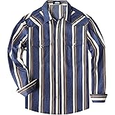JOGAL Mens Striped Western Shirts Long Sleeve Pearl Snap Casual Cowboy Shirt Regular Fit Work Shirts with Two Pockets