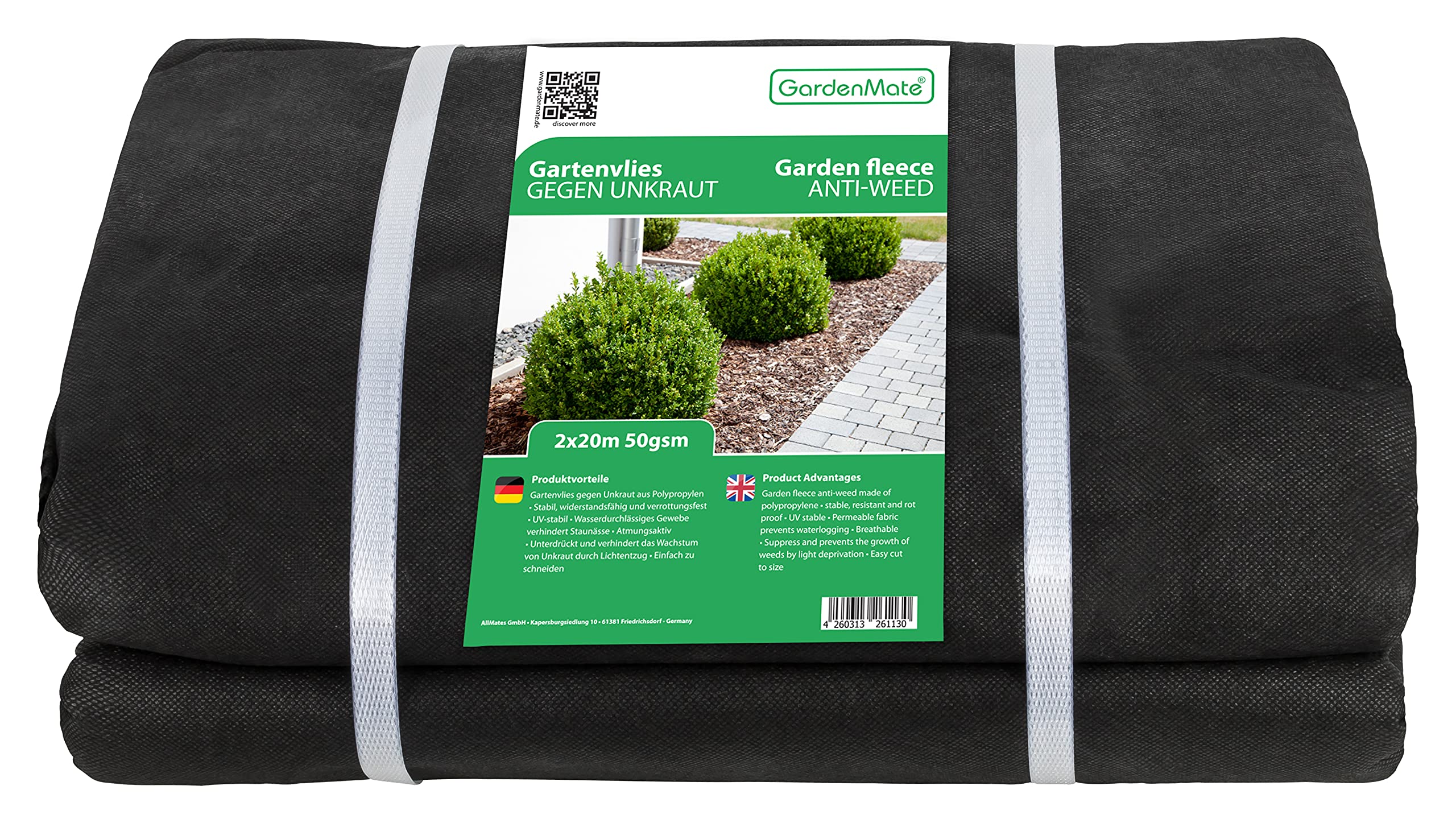 GardenMate 2m x 20m Garden Fleece 50g/m² - Weed Control Fabric - Tear-Resistant - High UV Stabilisation - Water Permeable
