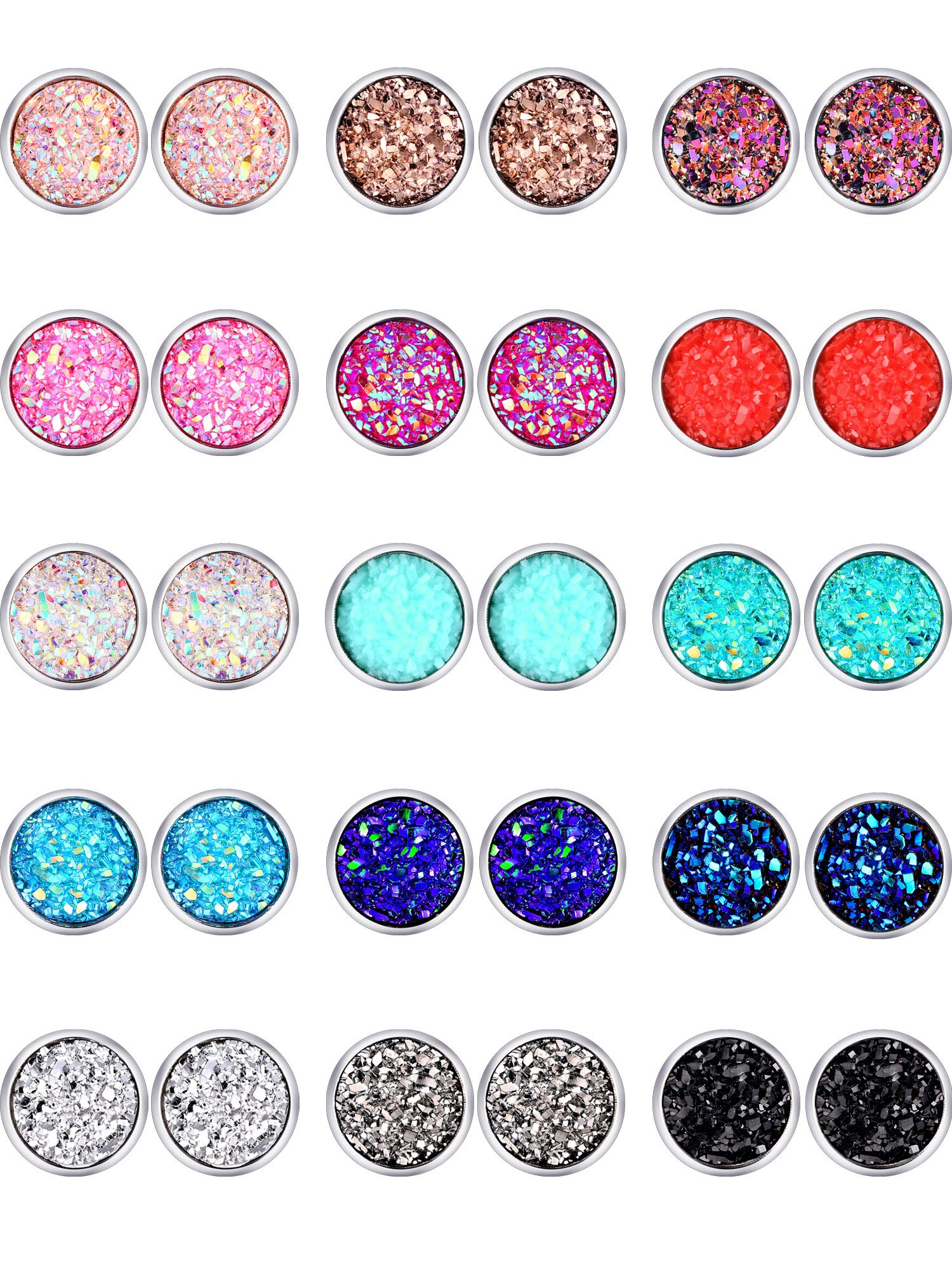 15 Pairs Faux Druzy Stud Earrings Set Stainless Steel Round Earrings Bohemian Pierced Earrings Jewelry for Women (10.0 Millimeters)