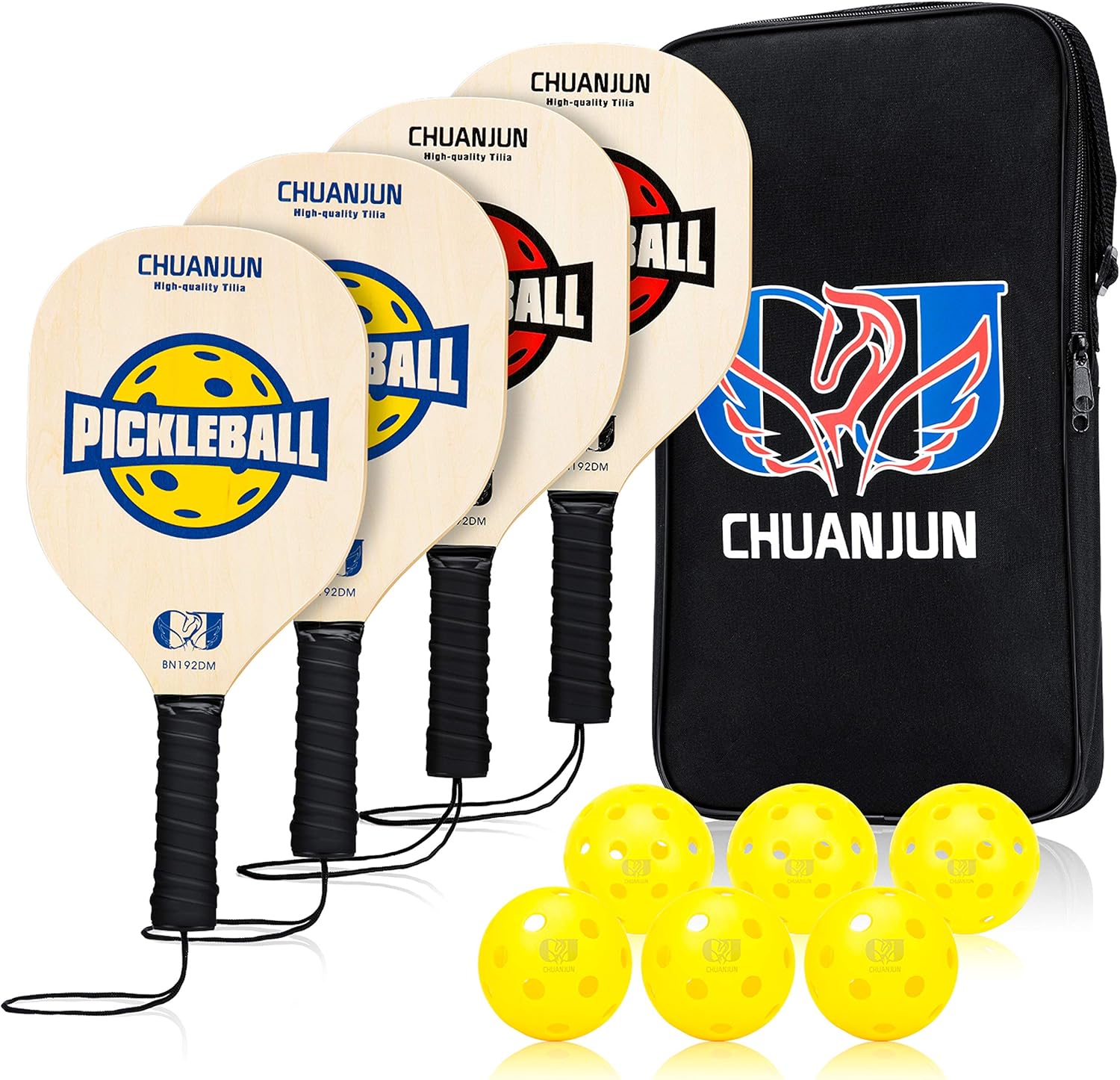 Chuanjun Pickleball Set Wooden Pickleball Paddle Set 4 Wooden