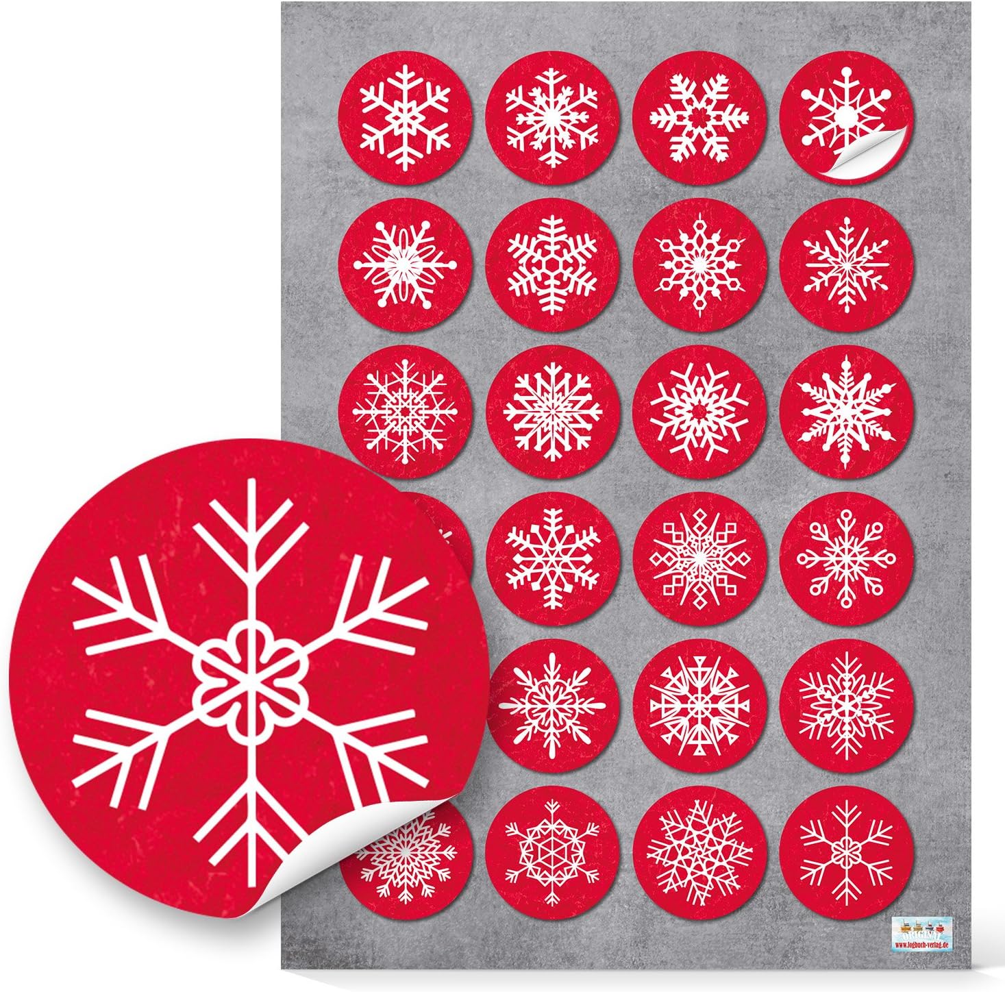 24 Small Round Red White Snowflakes Christmas Stickers 4 cm