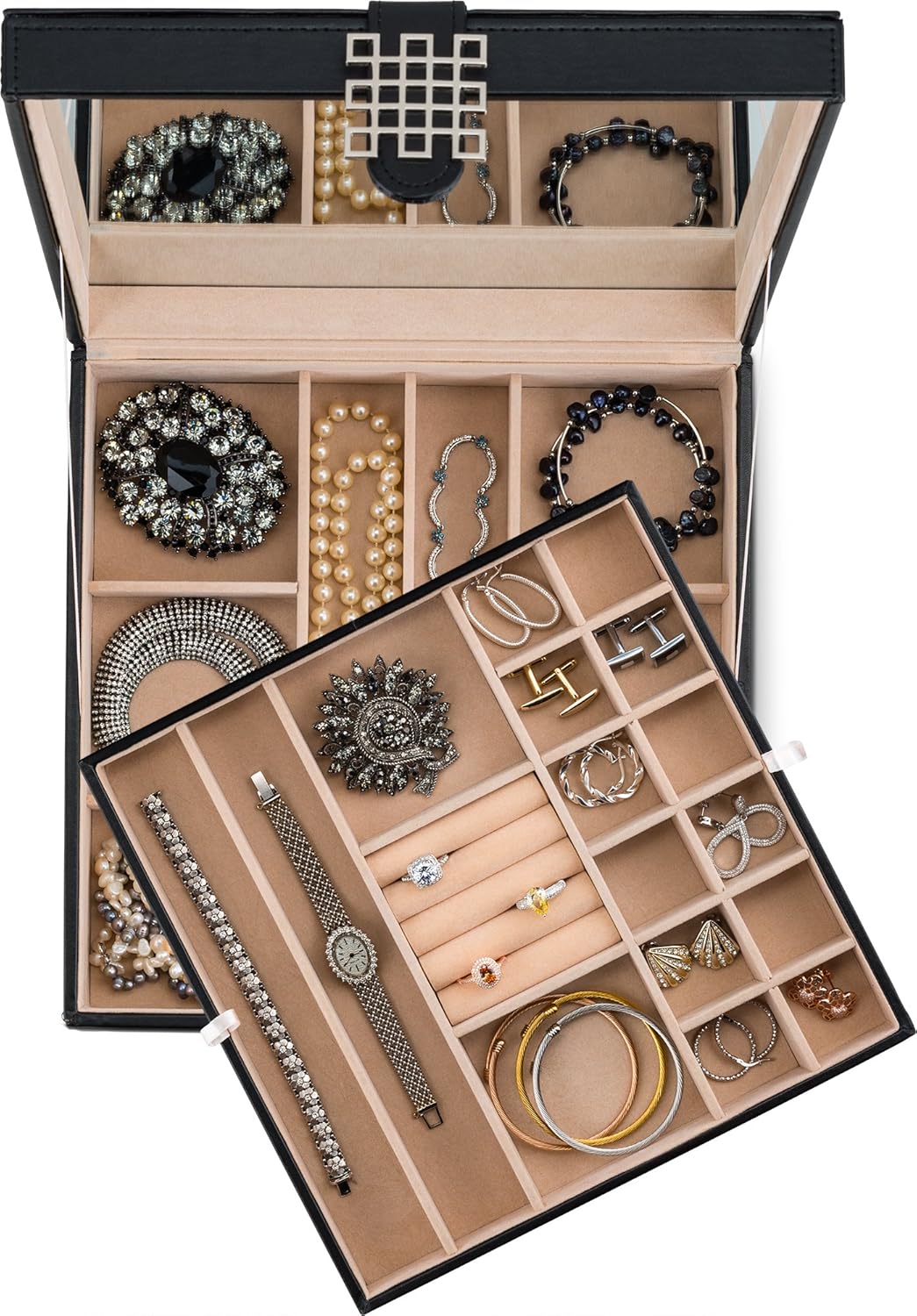 Glenor Co 28 Section Jewelry Box - 2 Layer - Buckle Snap & Magnet Closure - Large Mirror - Leather Design - Black - Jewelry Organizer for Women & Girls - Holder for Earring Ring Necklace & Bracelet: Home & Kitchen