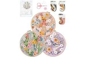 Santune 3 Sets Embroidery Kit,Cross Stitch Kits for Beginners,Needlepoint Kits for Adults with Easy Stamped Flower Pattern Fabric Hand Crafts,Hoops,Needle,Women DIY Hanging Plants,Sewing Hobby