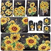 Fourluoo 10 Pcs Vintage Sunflower Kitchen Dish Towels Rugs Oven Mitts and Pot Holders Set Farmhouse Kitchen Decor Set for Women Mom Daughter Gift Cooking Baking Grilling(Vintage Gray)