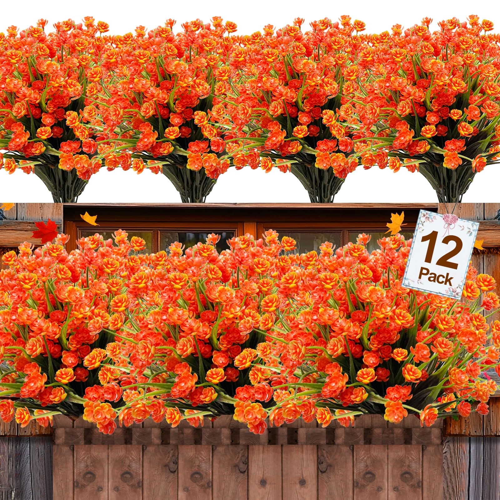 Photo 1 of 12 Bundles Artificial Fall Flowers for Outdoors Fall Thanksgiving Decorations, UV Resistant Fake Mums Realistic Fake Fall Plants Faux Plastic Flowers for Outdoor Home Gardens Porch Fall Decor(Orange)