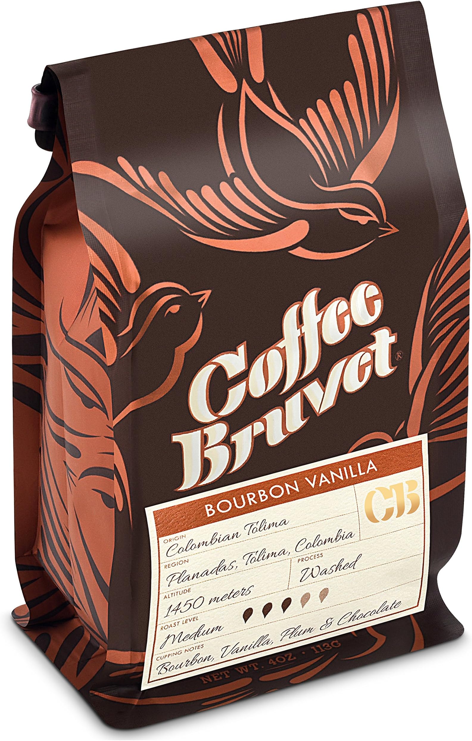 Coffee Bruvet Bourbon Vanilla Flavored Coffee Beans, Whole Roasted Organic Colombian Arabica Coffee, 4 Oz.-4pack