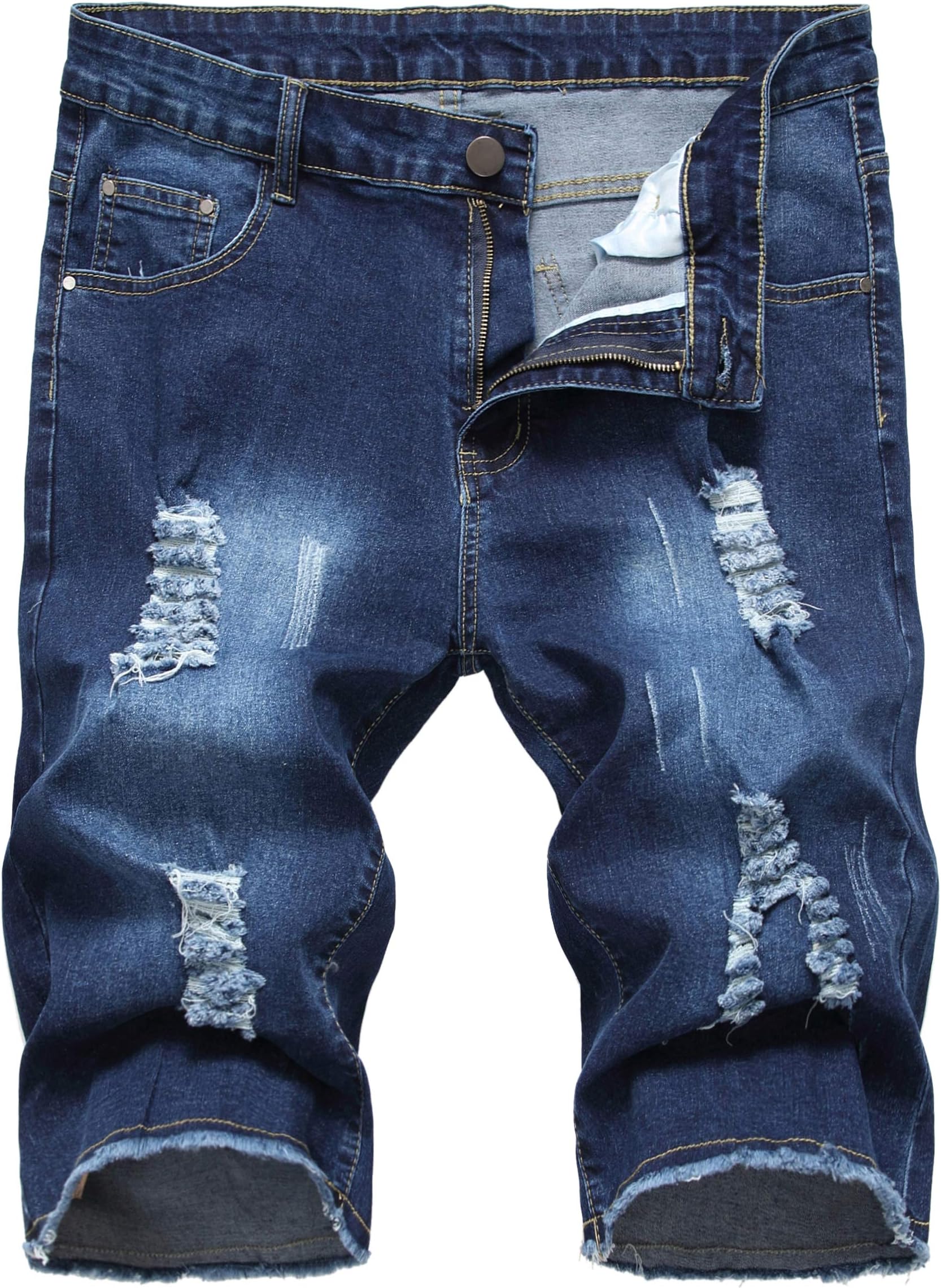 Sarriben Men's Casual Summer Distressed Button up Stretch Ripped Jeans Shorts with Repair Rips