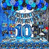 Video Game 10th Birthday Party Decorations Blue Black Cheers to Level 10 Banner Hanging Swirls Balloons Garland Arch Foil Curtains Backdrops Tablecloth for Boys 10 Years Old Game Controller Supplies