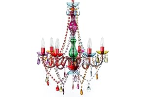 gypsy color The Original 6 Light Multicolor Hardwire Flush Mount Chandelier H26”xW22”, Red Metal Frame with Multicolor Glass Stem and Multicolor Acrylic Crystals & Beads That Sparkle Like Glass