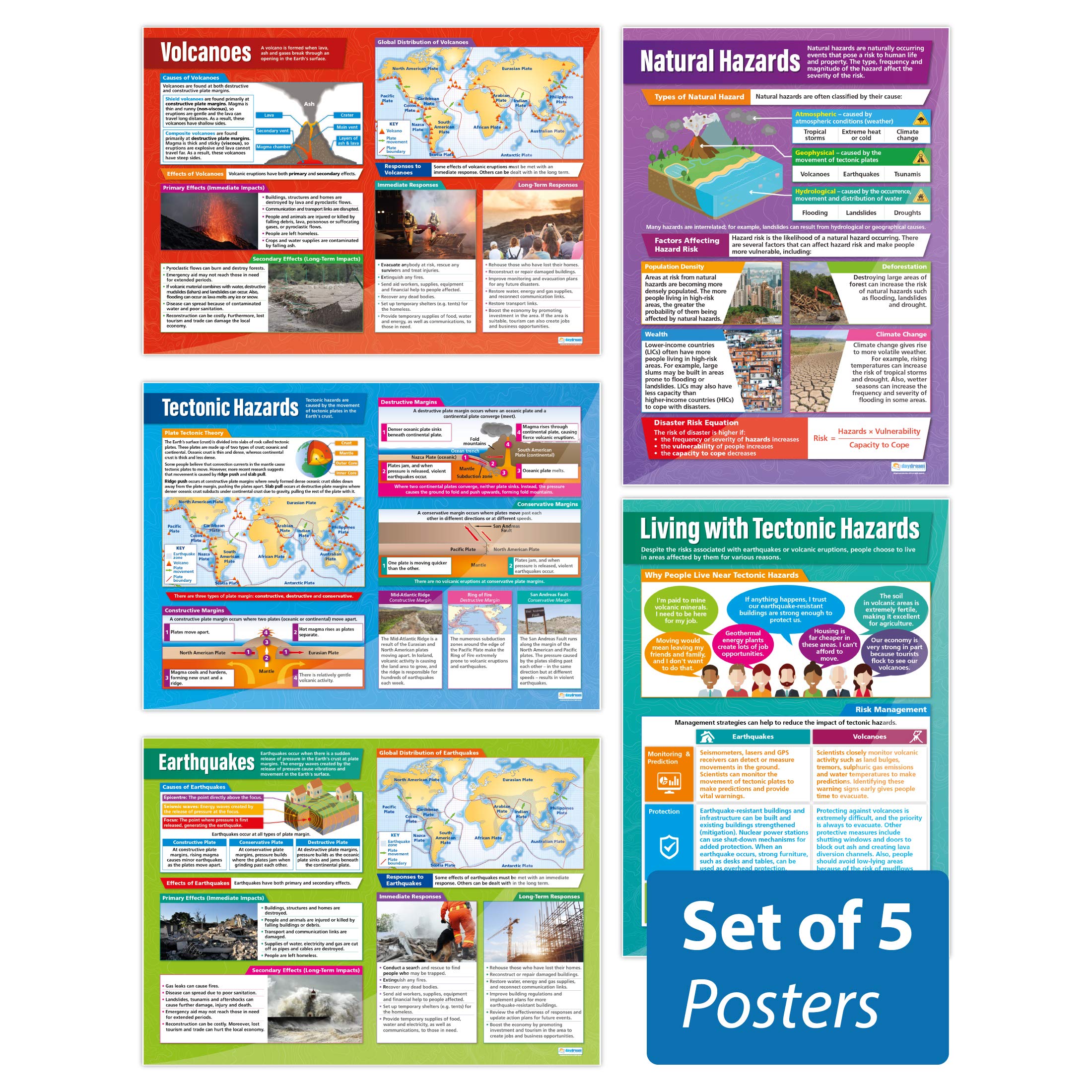 Daydream Education Tectonic Hazards Geography Classroom Posters - Set of 5 - EXTRA LARGE - A1 (850mm x 594mm) - Gloss Paper - Geography Secondary School Wall Charts