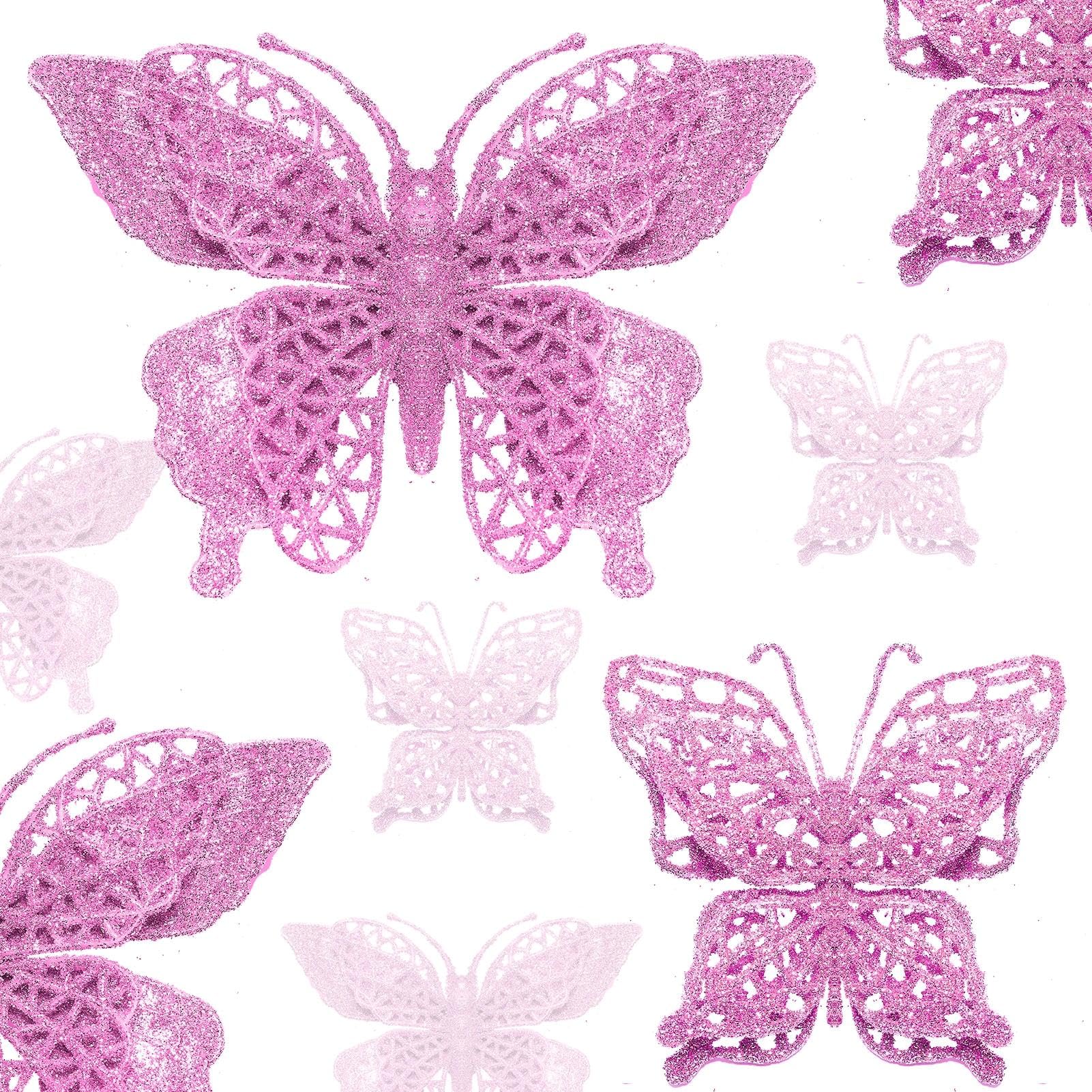 Photo 1 of 16 PCS Glitter Hollow Butterfly Ornaments, 2 Styles with Clips, Artificial Butterfly Decorations for Christmas Tree, Holiday Crafts - Purple