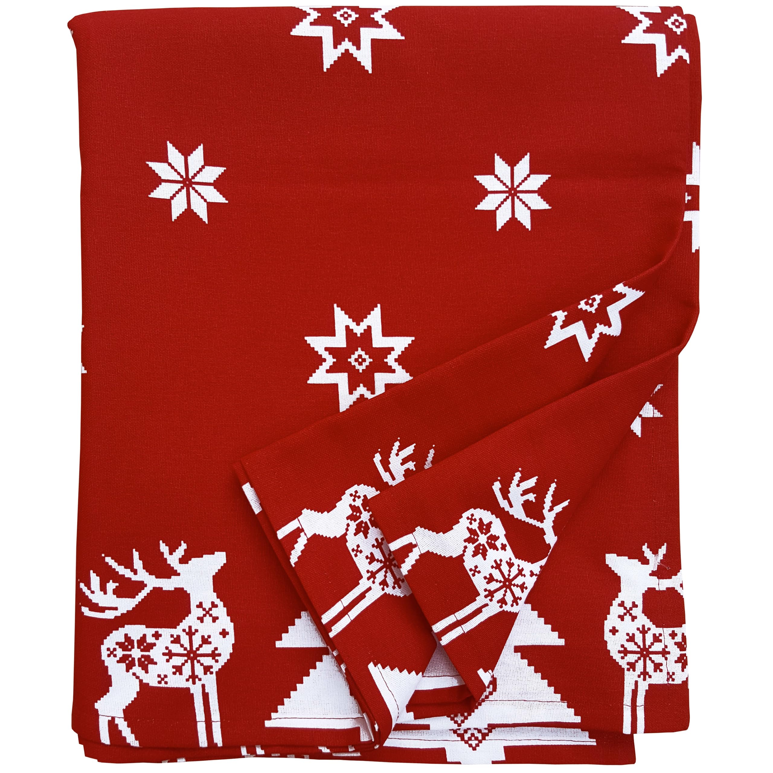 Ragged Rose Christmas Table Cloth - Festive Linen Tablecloth with Nordic Style Prints for Living Room & Kitchen - Cotton Tablecloth That Fits a 6-7 Ft Table - Red Christmas Star Print