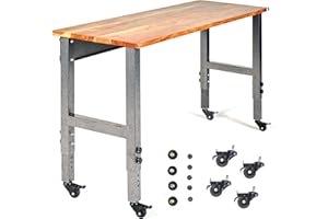 Fedmax Work Bench - 61" Rolling Portable Workbench for Garage - Metal with Acacia Hardwood Top, Adjustable Legs