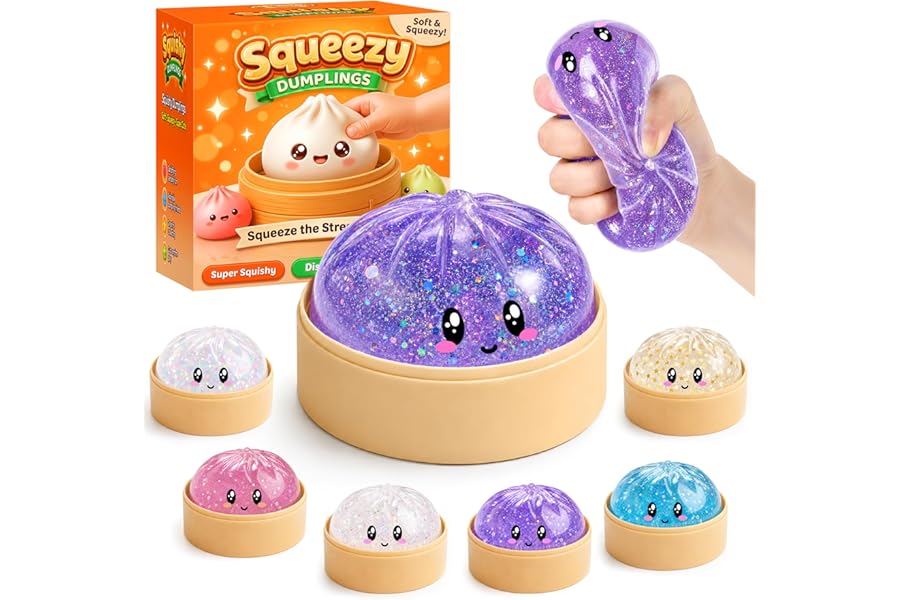 Mystery Glitter Dumpling Squishies with Steamer Box – Cute Bao Bun Stress Ball – Soft Squeeze Sensory Toy for Stress Relief – Sensory Fidget Toy Gift for Kids, Teens & Adults (Glitter Purple)