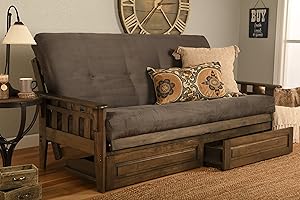 Jerry Sales Tucson Rustic Walnut Frame and Mattress Set with Choice to add Drawers, 8 Inch Innerspring Futon Sofa Bed Full Size Wood (Grey Matt, Frame and Drawers)