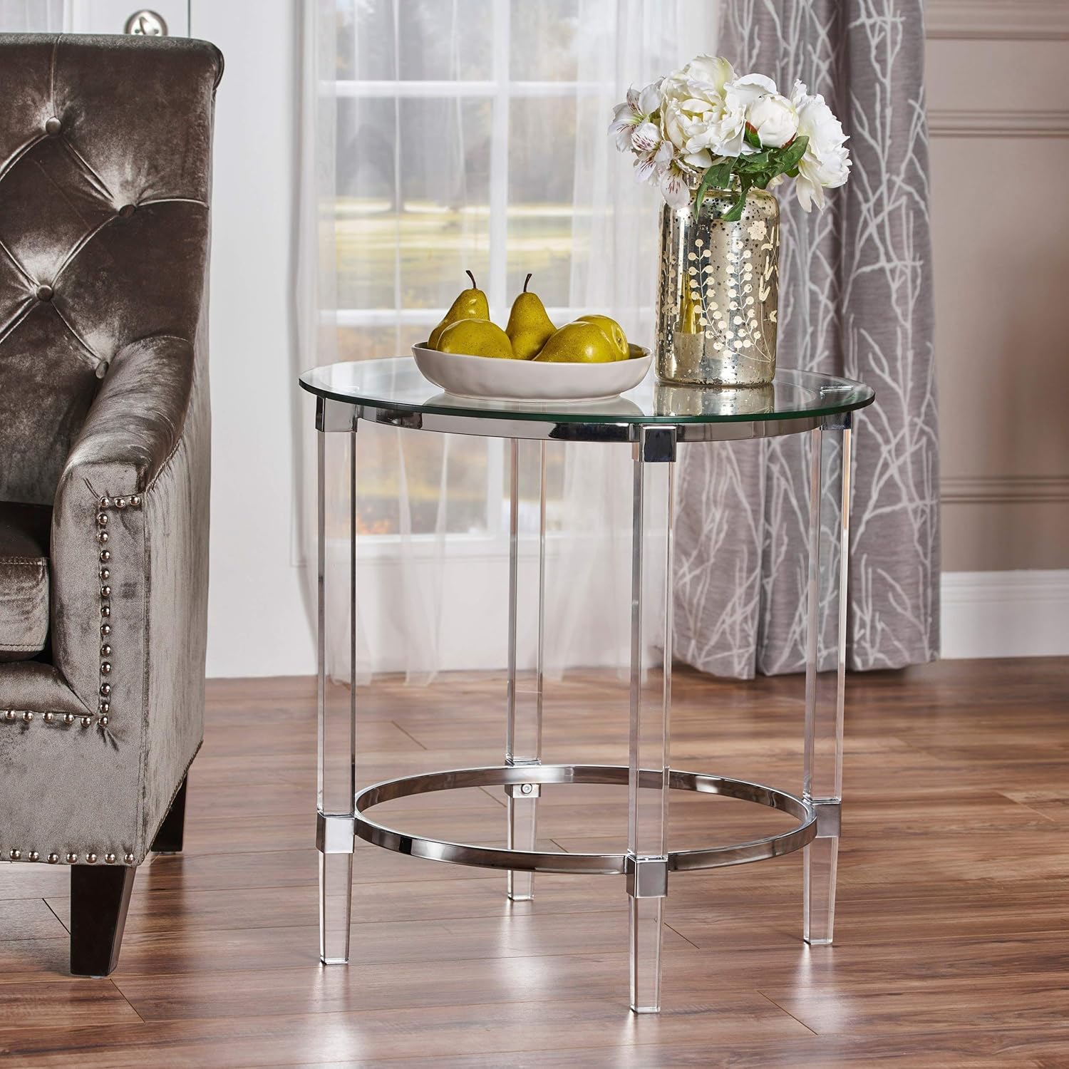 Round Glass End Table by Clear Cream Country Farmhouse