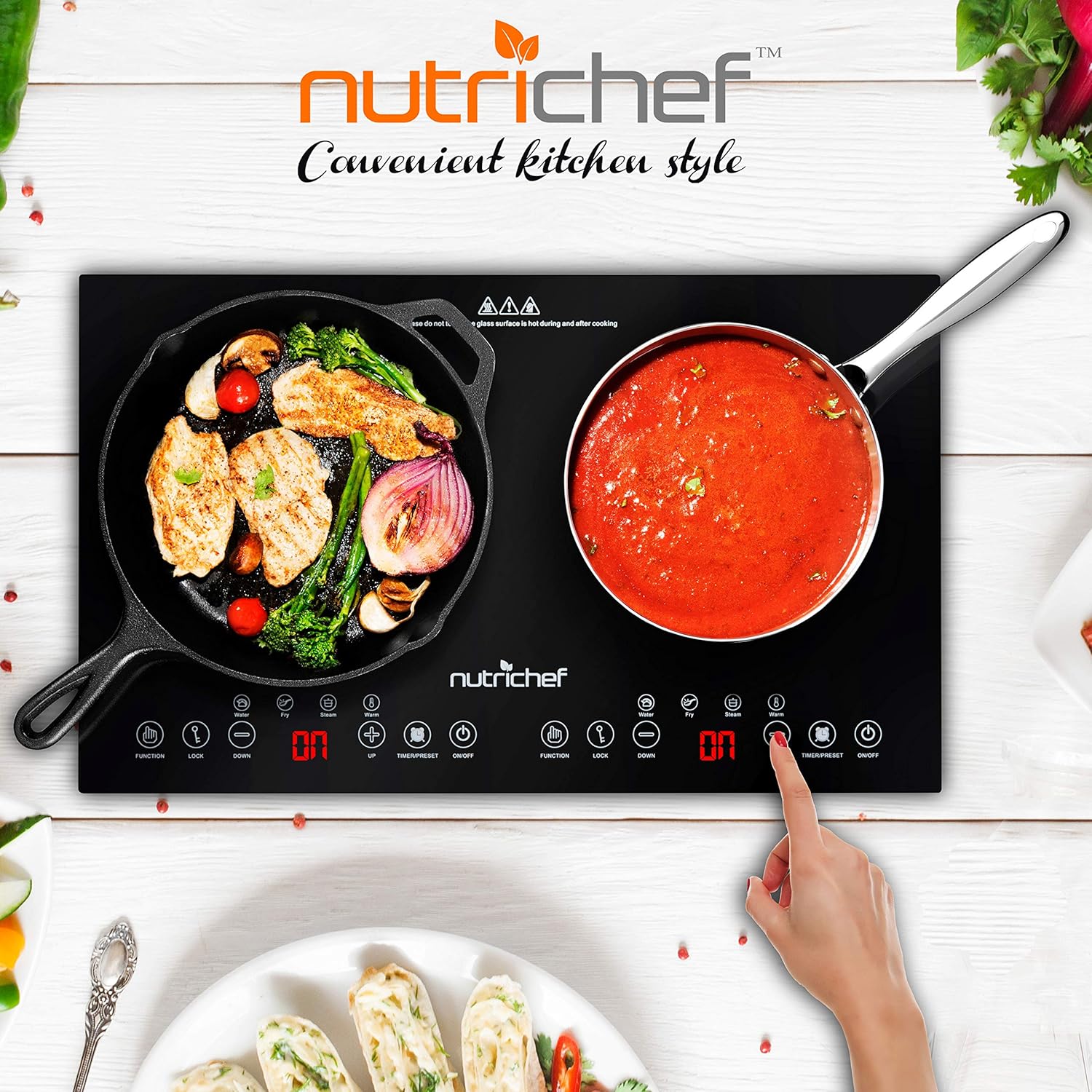 NutriChef Double Induction Cooktop 120V Portable Digital Ceramic Dual Burner w/Kids Safety Lock-Works with Flat Cast Iron Pan,1800 Watt,Touch Sensor, 12 Controls PKSTIND48: Kitchen & Dining