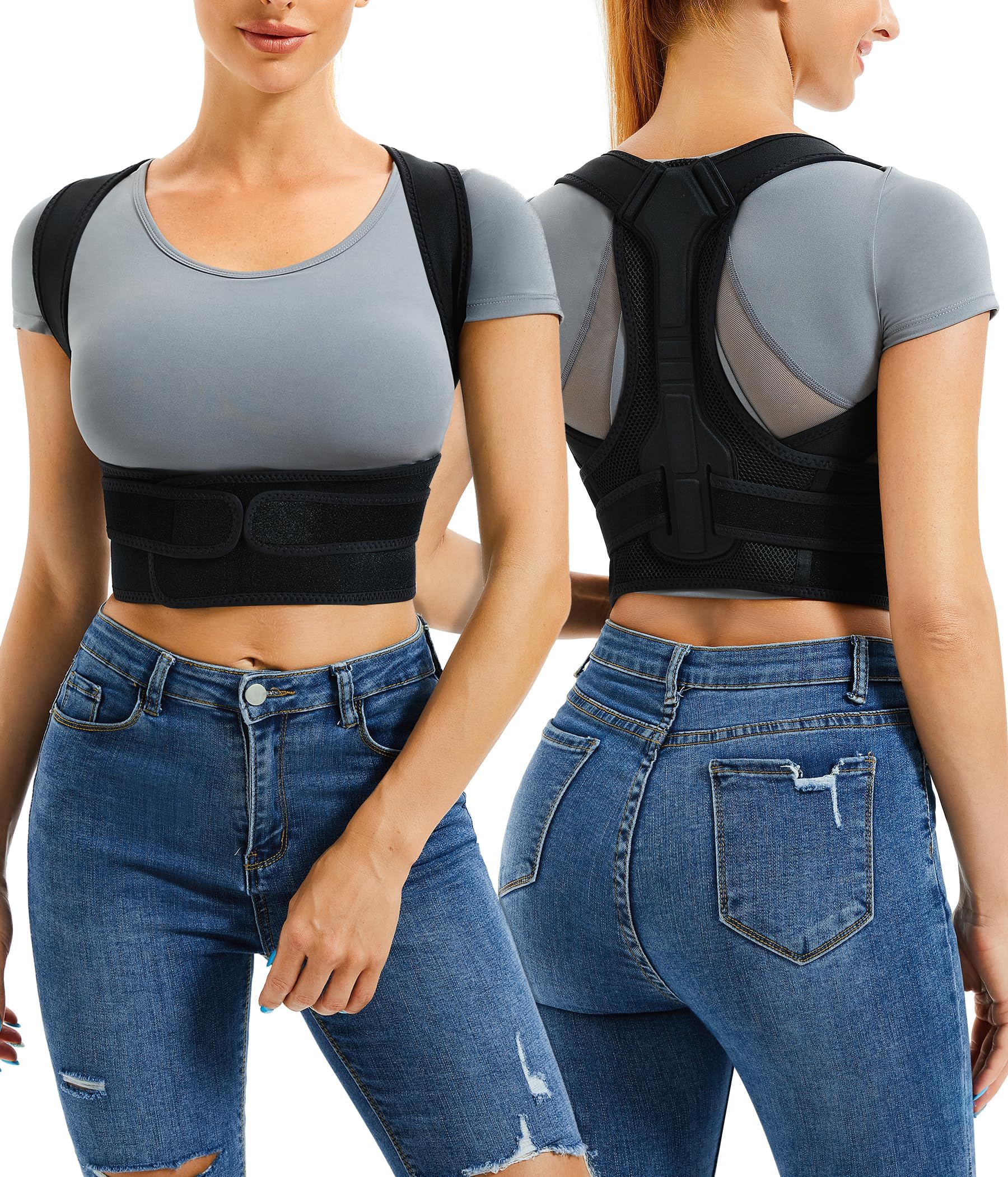 Junlan Women and Men Upper Back Brace Adjustable Back Support for Neck, Shoulder and Back (Black,M-L)
