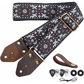 Nefelibata Guitar Strap,Jacquard Embroidery Cotton Guitar Straps with Crazy Horse Leather Ends for Bass, Electric &amp; Acoustic, Best Gifts for Kids, Guitarists(Brown flower embroidery)