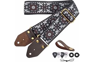 Nefelibata Guitar Strap,Jacquard Embroidery Cotton Guitar Straps with Crazy Horse Leather Ends for Bass, Electric & Acoustic,