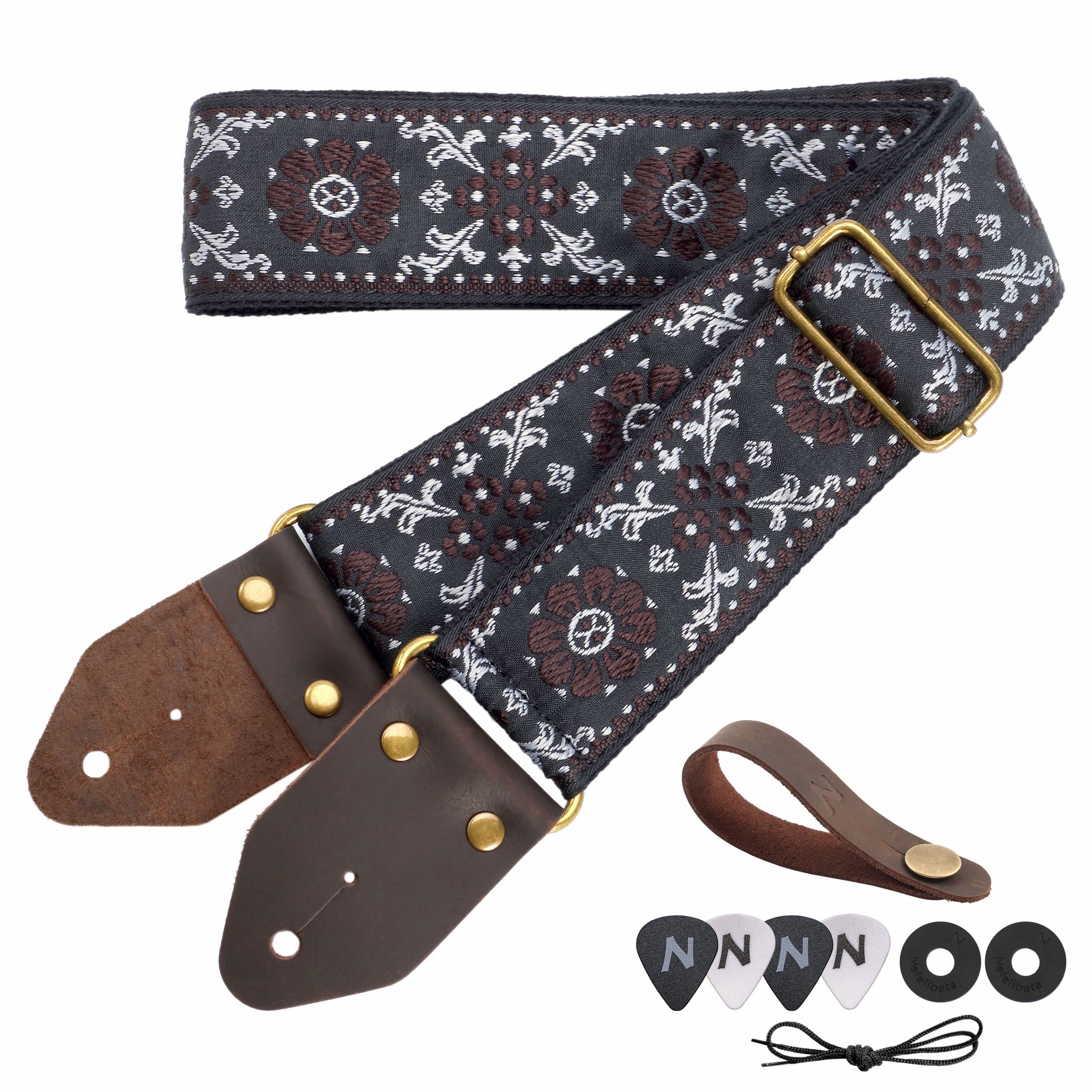Nefelibata Guitar Strap,Jacquard Embroidery Cotton Guitar Straps with Crazy Horse Leather Ends for Bass, Electric & Acoustic, Gifts for Kids, Guitarists