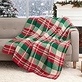 Exclusivo Mezcla Checkered Christmas Blanket, Ultra Soft and Warm Reversible Woven Knit Blanket, Lightweight Cozy Snuggly Throw for Couch Bed, Plaid Red and Khaki, 50"x60"