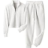 VATEAMI Women's Fluffy Pajamas Set Loungewear Sleepwear Lounge Casual Fleece Cropped Flannel Pullover and Pants Set