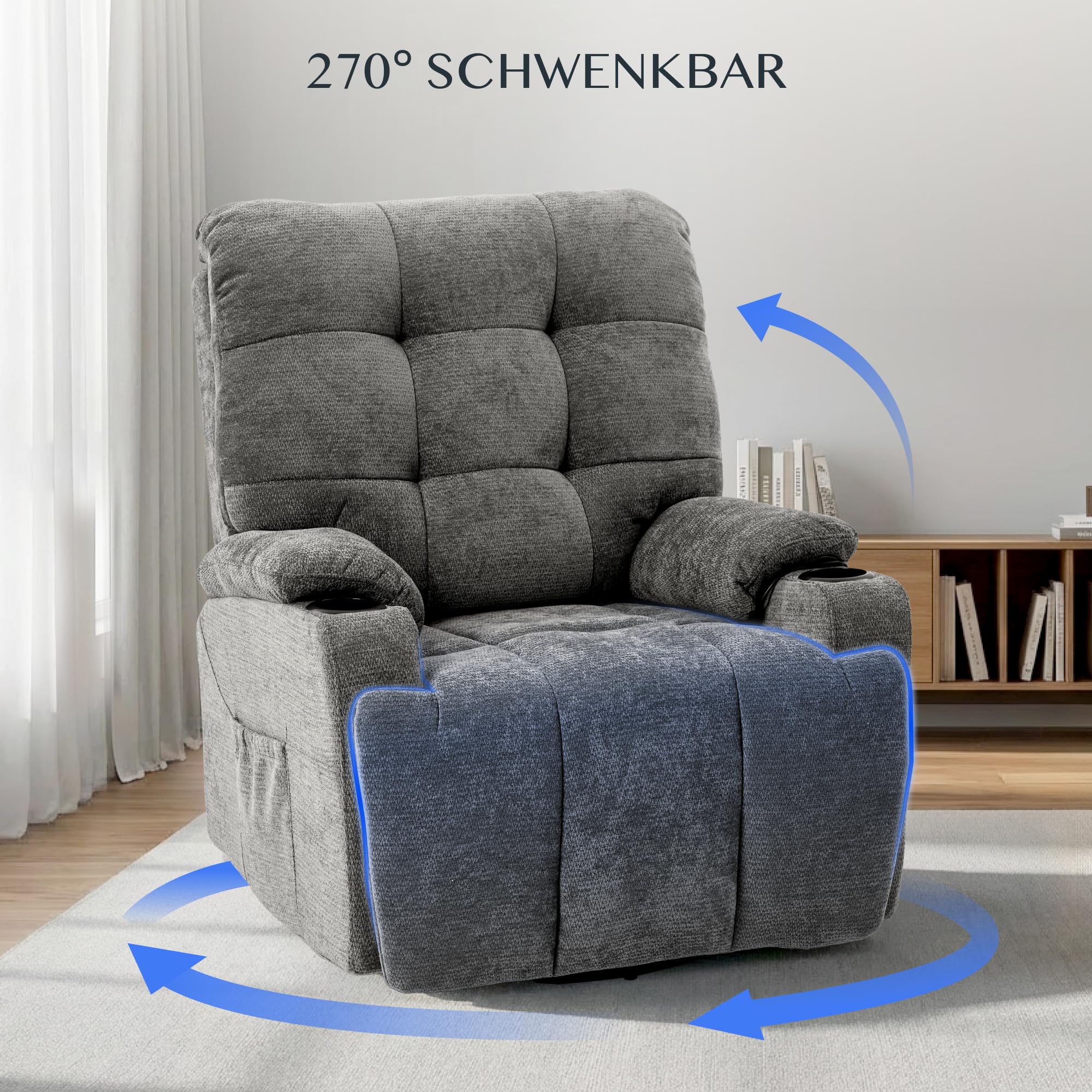 FLEXISPOT Elektrischer Relaxsessel, Massagesessel, Fernsehsessel, 360°drehbar, mit Heizfunktion, 8-Punkt-Massage, USB- und Type-C-Anschluss,105°-165° verstellbar, belastbar bis 200 kg, XR7(Grau) 4