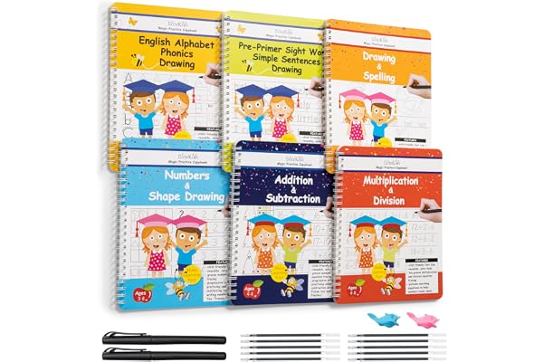 Reusable Handwriting Practice Workbook Set for Kids – Grooved Tracing Books for Letters, Numbers, Shapes, Math Facts, Sight W