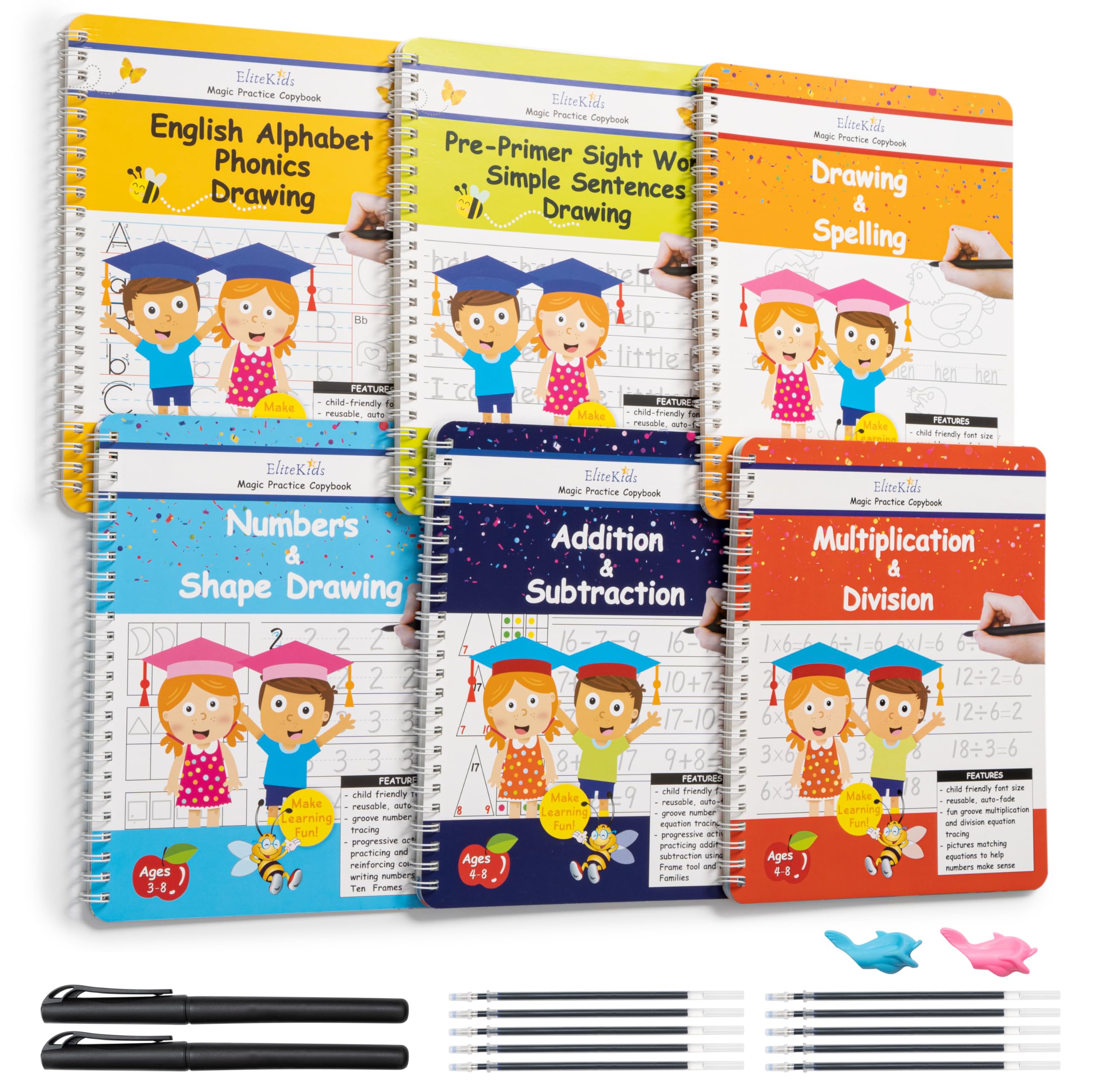 Teacher Designed 8.7x6.9in Reusable Grooved Handwriting Workbooks (Sight Word Copy Included)- Kids Learning Calligraphy, Magic Groove Practice Copybook for Preschool, Kids Ages 3 to 8 (6 Pack)