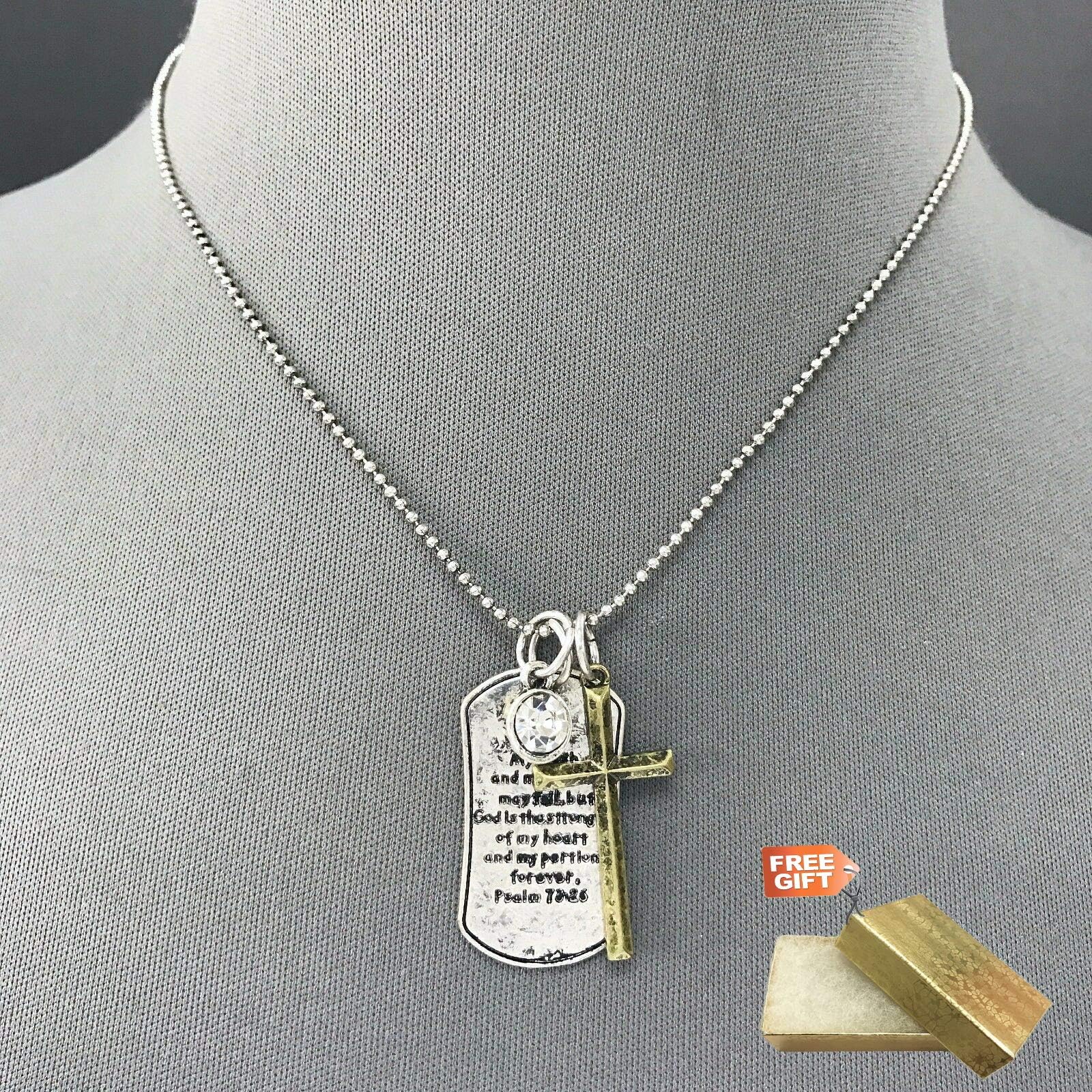 Silver Chain Religious Inspired Psalm 73:26 Bible Verse Cross Pendant Necklace Set For Women + Gold Cotton Filled Gift Box for Free