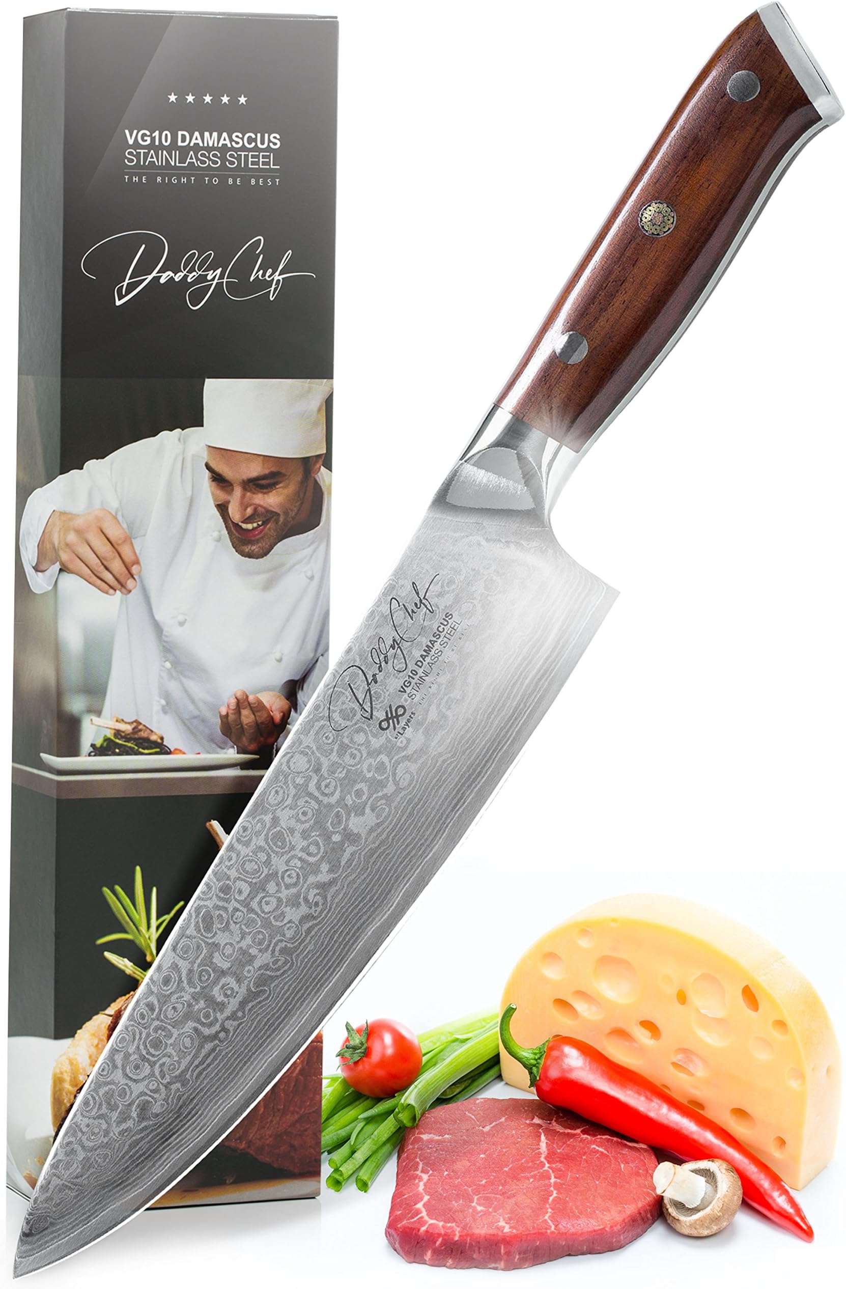 Chef knife 8 inch - Japanese knive with Wood Handle - Damascus VG-10 Stainless Carbon Steel 67-layer - Slicing and cutting knife