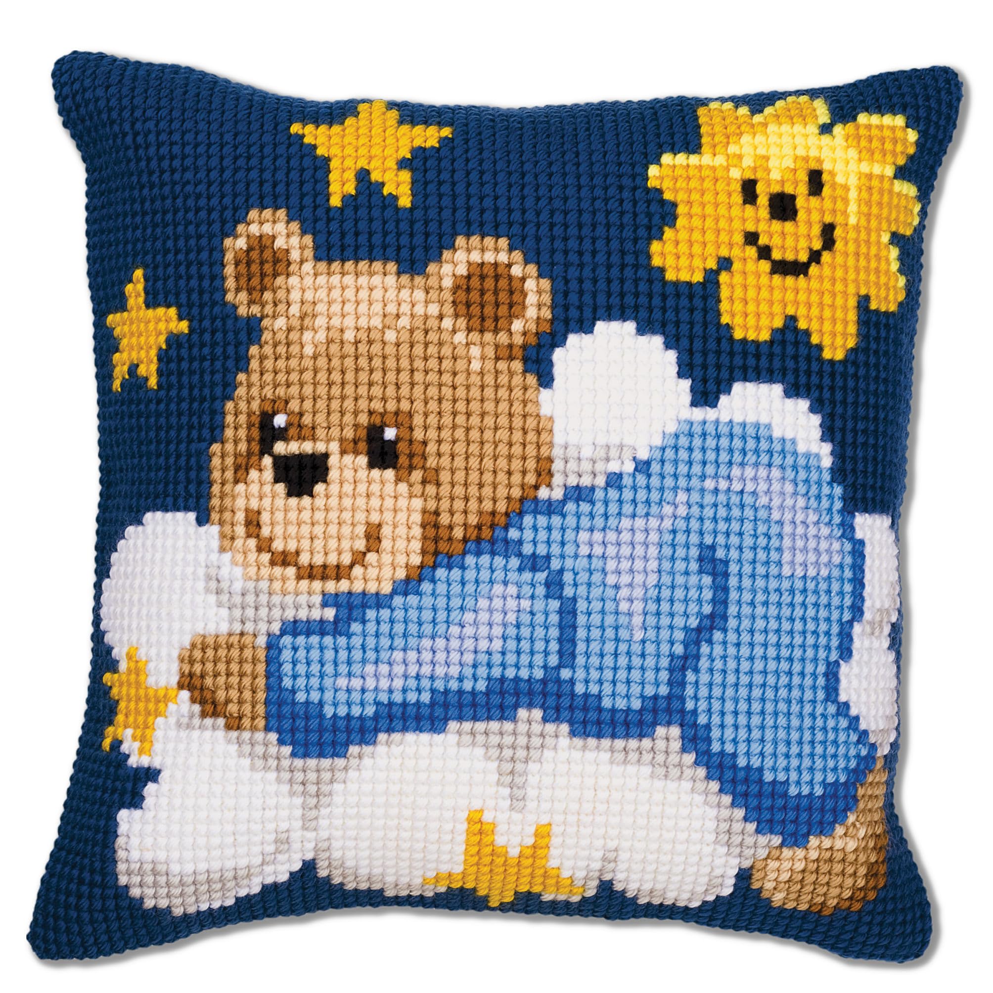 Vervaco Blue Teddy Cross Stitch Cushion, Multi-Colour