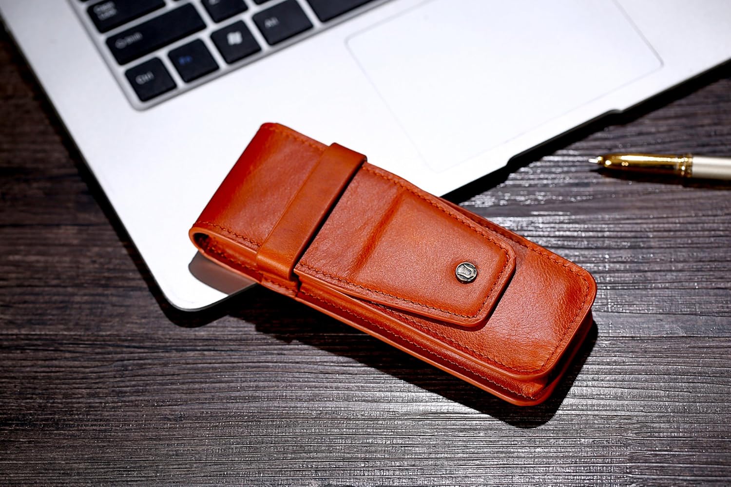 Cronus & Rhea - Pencil Case Made of Leather (Basilisk) - Pen Holder Folder Roller - with Gift Box - Men Women (Cognac) - Image 4