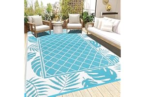 Ileading Outdoor Rug Carpet for Patio 6' x9' Waterproof Reversible Plastic Straw Rug Portable Outside Area Rug Camping Mat for Patio, Clearance, Balcony, Picnic, Pool, Beach, RV, Deck, Leaf Teal