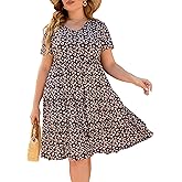 Younrui Women's Plus Size Casual Summer Tiered Dresses Short Sleeve Scoop Neck Ruffle Hem Loose Fitting Midi Babydoll Dress