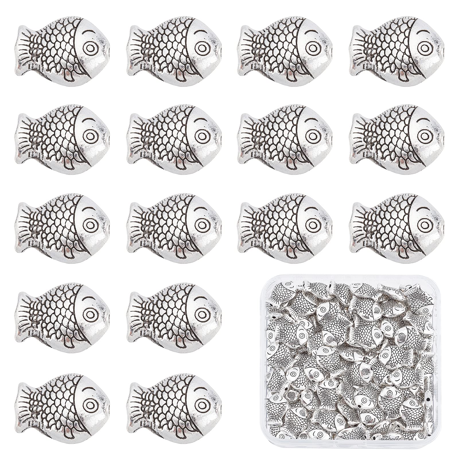 SUNNYCLUE 1 Box 100Pcs Fish Bead Silver Fish Beads Double Sided Fish Charm Summer Hawaii Sea Tibetan Style Alloy Ocean Animal Loose Spacer Beads for Jewellery Making Kits Women Adults DIY Crafts
